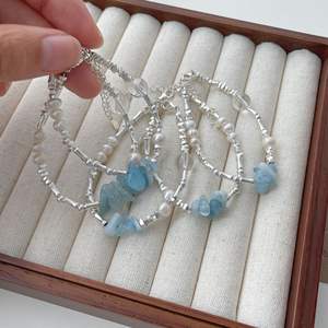 Ensemble de bijoux fins pour femmes en argent pur S925, collier en aquamarine, bracelet en perles d'argent cassé, bague superposée, forme ovale, naturel - Product Image 5