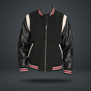 Veste universitaire noire pour homme avec manches en cuir et bordure rouge et blanche, fermeture éclair sur le devant, vêtement décontracté pour l'automne - Product Image 2