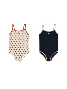 Costume da bagno intero <span class=keywords><strong>per</strong></span> bambina con dettagli a contrasto a forma di cuore, spalline sottili, scollo rotondo, base blu navy, rosa e bianca, ideale <span class=keywords><strong>per</strong></span> l'<span class=keywords><strong>estate</strong></span> - Product Image 1