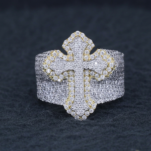 Iced Out <b>Cross</b> Moissanite <b>Ring</b> 925 Sterling <b>Silver</b> Rhodium Plated Pave Set Hip Hop Statement Band - Product Image 1