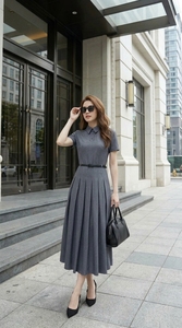 Robe midi bleu-gris personnalisée pour femme, manches courtes, col chemise, taille ceinturée, plissée, coupe trapèze, tenue de bureau, services OEM ODM - Product Image 6