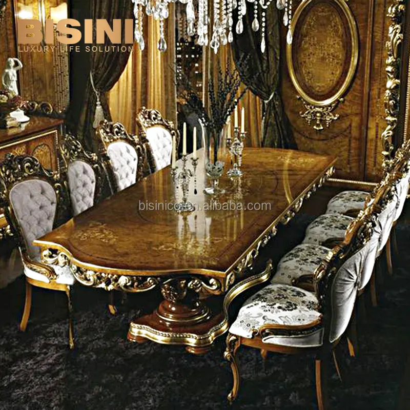 Clásico antiguo europeo del viejo mundo estilo Floral oro adornado marquetería Boulle larga mesa de comedor para banquetes