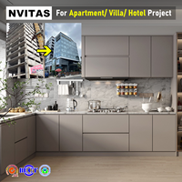 Armoires de cuisine modulaires modernes NVITAS, construction en bois massif avec stratifié en verre, design ignifuge et écologique pour hôtel et appartement