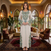 Robe Abaya de style arabe brodée de fleurs pour femmes, robe à manches longues, longueur cheville, taille unique, polyester, matière respirante