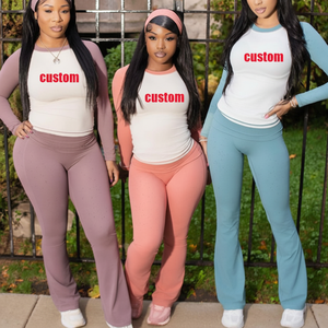 2025 Fall Winter Custom Logo Women <b>Set</b> Clothing Raglan Sleeves Shirts Flare Pant Cotton Loungewear <b>Set</b> 2 Pieces Women <b>Sets</b> - Product Image 1