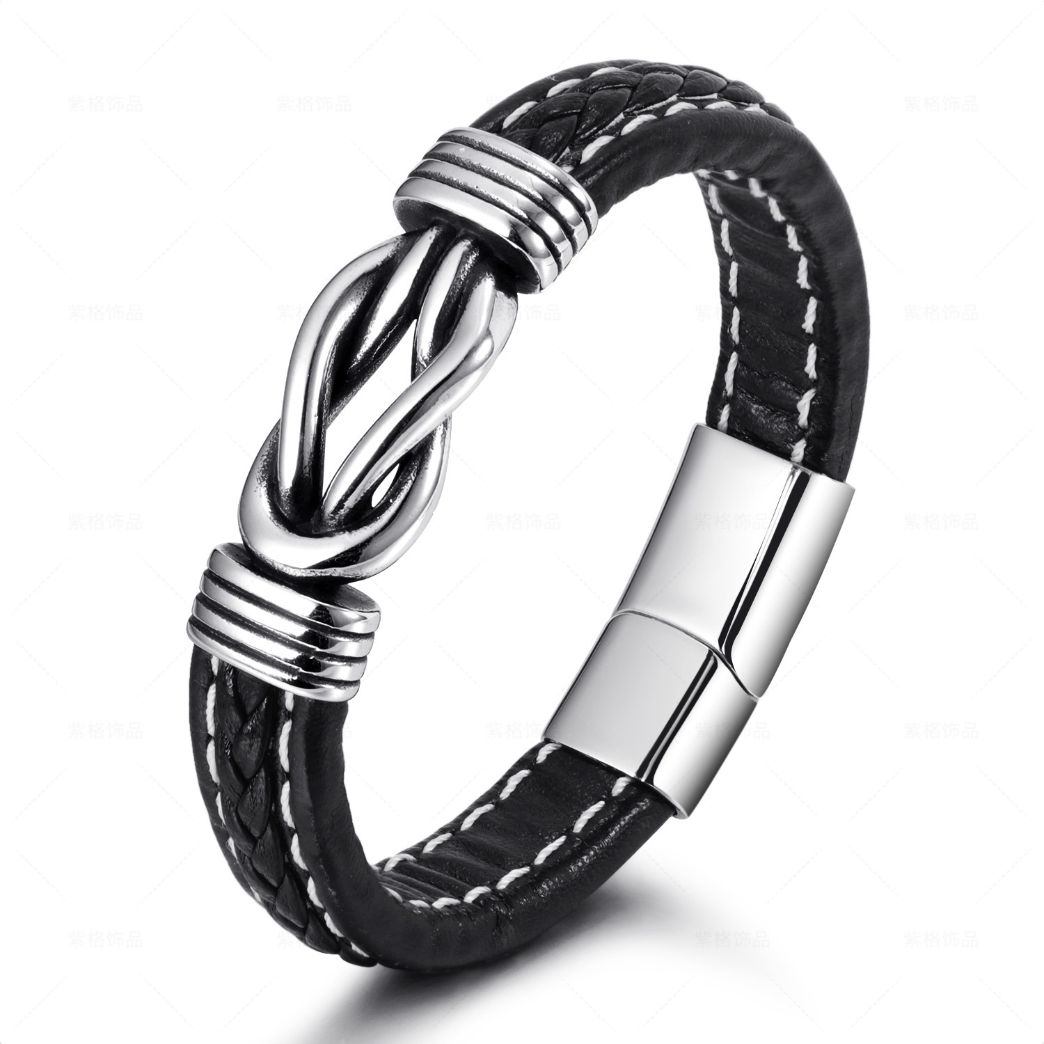 Cuir noir + métal en acier inoxydable