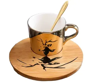 custom Wooden coaster gold ceramic panda tiger coffee cup and saucer sets fine porcelain special shaped design picture