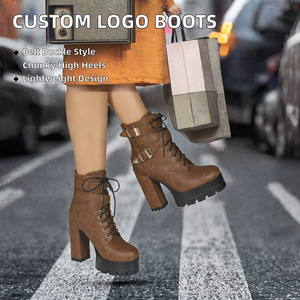Botines de plataforma marrones para mujer con correa de hebilla, cordones y tacón grueso, zapatos de invierno - Product Image 2