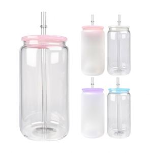 Gobelet en verre en forme de canette de bière, 16 oz, avec couvercles en PP, transparent givré, pour sublimation - Product Image 2