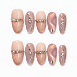 Uñas postizas estilo ojo de gato francés con purpurina de diamante, cobertura completa, reutilizables, acrílicas, medianas, forma ataúd, para mujer - Product Image 1