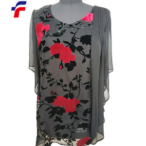 <span class=keywords><strong>Elegante</strong></span> Nero Rosso Stampa Burn Out Tessuto in Velluto <span class=keywords><strong>Camicetta</strong></span> Delle Signore con il Capo Poliestere Maniche In Chiffon - Product Image 1