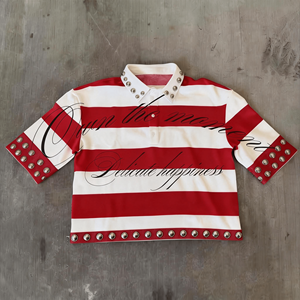 T-shirt Polo Ouna Personalizzata di Alta Qualità, Manica Corta, Colletto con Borchie, <span class=keywords><strong>a</strong></span> <span class=keywords><strong>Righe</strong></span> <span class=keywords><strong>Rosse</strong></span> <span class=keywords><strong>e</strong></span> <span class=keywords><strong>Bianche</strong></span> in Cotone per Uomo - Product Image 1