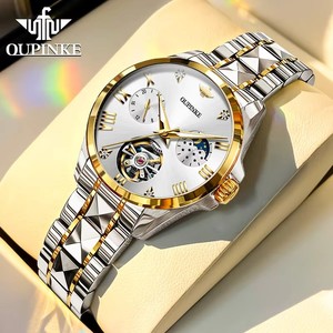 OUPINKE 3202 Moon Phase <b>Automatic</b> Watch for Women Elegant Skeleton Dial <b>Chronograph</b> Auto Date Waterproof Ladies Mechanical Watch - Product Image 1