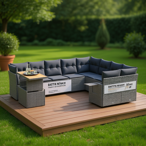 Grey PE <b>Rattan</b> Garden <b>Sofa</b> Set Adjustable Armrest 6 Seater <b>Outdoor</b> Furniture Contemporary Design - Product Image 2