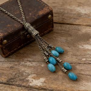 Collier à pampilles goutte d'eau turquoise, plaqué argent antique, chaîne de pull pour femme, bijoux de fête - Product Image 3