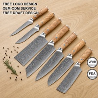 Ensemble de 7 couteaux de cuisine en acier damas martelé avec manche en bois d'olivier et mosaïque bleue pour la cuisine professionnelle