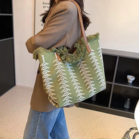 Sac fourre-tout en toile rétro grande capacité avec pompons, sac à main en chanvre tendance pour femme avec franges, impression personnalisée pour promotion de marque