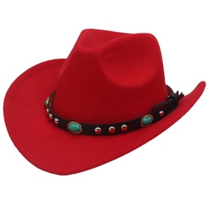 Cross-Border New European American Ethnic Gem Ribbon <b>Western</b> Cowboy <b>Hat</b> Large Brim Solid Color Sun <b>Hat</b> Tibetan Felt Image Casual - Product Image 3