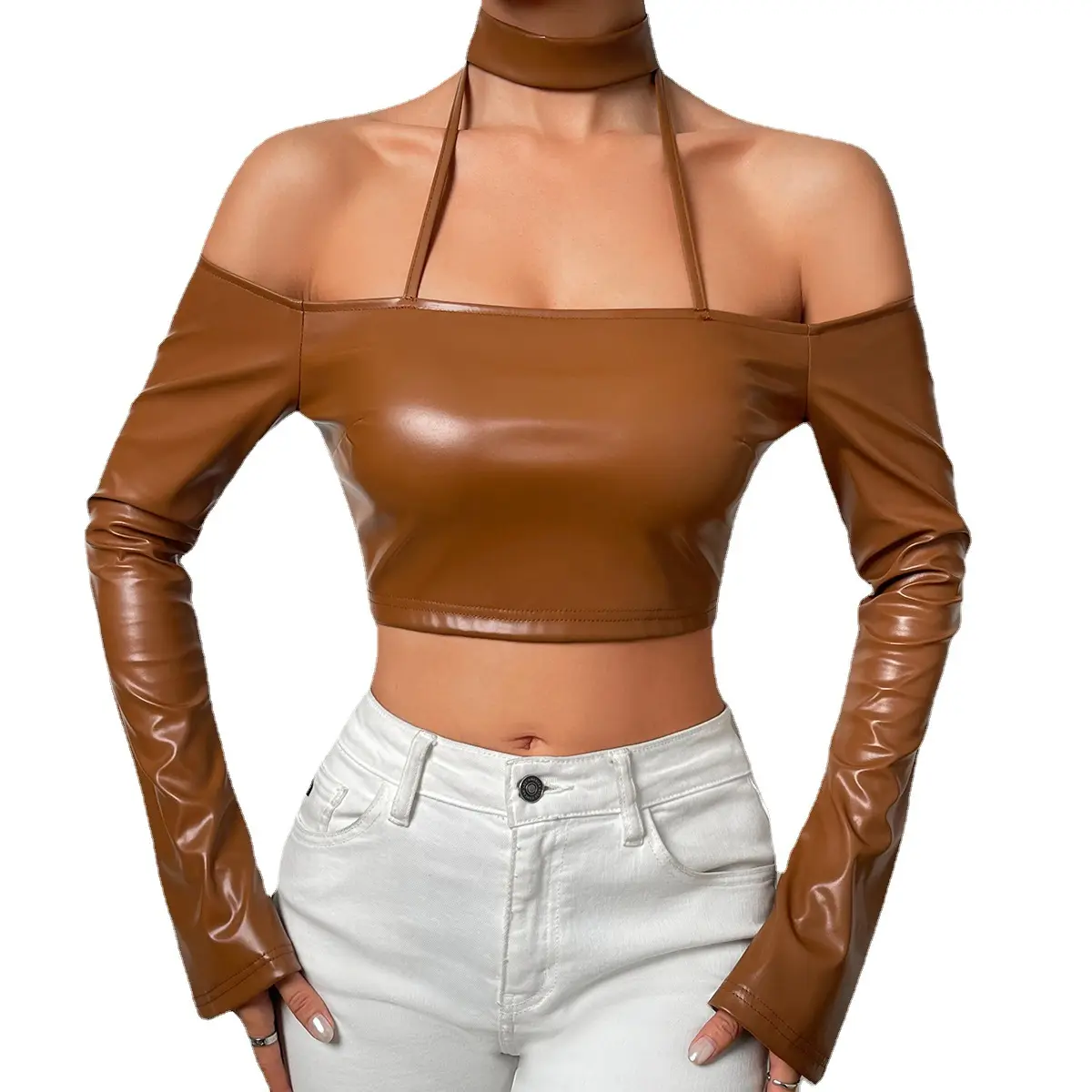 Blusa de manga larga ajustada con cuello halter y hombros descubiertos para mujer, material pu, venta al por mayor, R42006S