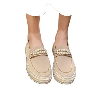 Sapatos de pescador femininos, sapatos baixos e confortáveis para princesas, com sola grossa e design de pérola, com tecido superior respirável