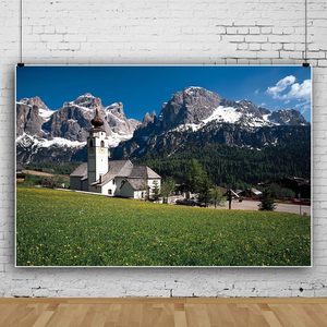 Fondo de Montañas nevadas de 20x10 pies, césped de hierba verde con Casa Blanca y árboles forestales para fotografía - Product Image 1