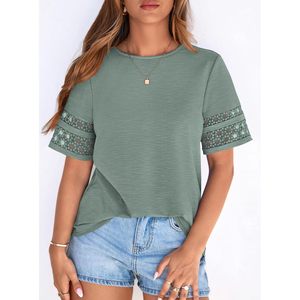Camiseta de encaje de manga corta para mujer, transpirable, informal, top de verano, blusa de moda, atuendo de vacaciones, verde claro - Product Image 2