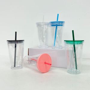 Custom logo Double Wall Clear Plastic Drinking <b>Cup</b> Pre Drilled Hole 16oz 24oz Acrylic Snow Globe Tumbler <b>with</b> <b>Lid</b> and Straw - Product Image 2