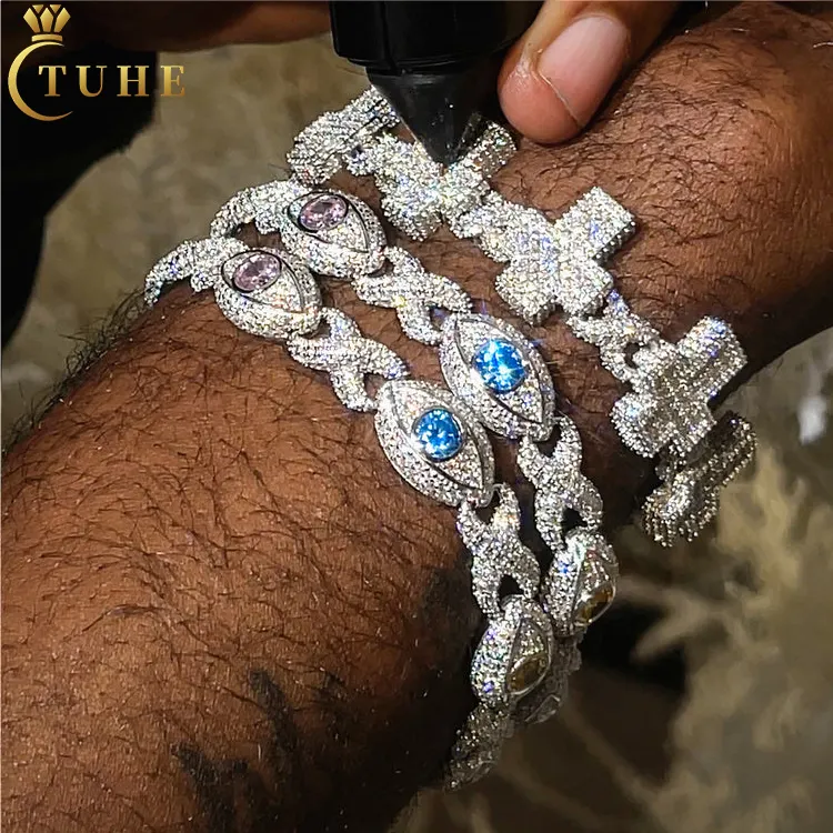 Bestand Diamant-Tester Moissanit böser Auge unendliches kubanisches Armband 925 Silber VVS Mossanit am Isten ausgestelltes kubanisches Kreuz-Armband