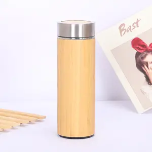Garrafa térmica personalizada de aço inoxidável, garrafa de água de bambu