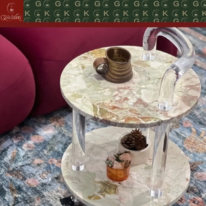 Mesa Auxiliar para Sala <span class=keywords><strong>de</strong></span> Estar GOLDKING, Modelo Monet Garden, <span class=keywords><strong>de</strong></span> Mármol, Dos Niveles, Redonda, con Patas Acrílicas Rodantes, OEM, ODM, Personalizable, Directo <span class=keywords><strong>de</strong></span> Fábrica - Product Image 4