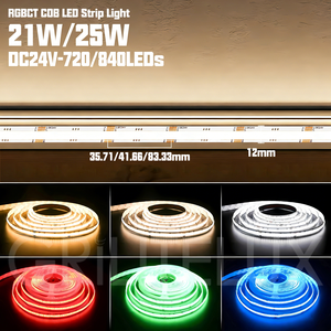 <span class=keywords><strong>Ruban</strong></span> <span class=keywords><strong>LED</strong></span> COB RGBCCT 24V, largeur 12 mm, 840 <span class=keywords><strong>LED</strong></span>/m, blanc réglable, bande linéaire pour solutions d'aménagement intérieur de salon moderne - Product Image 2