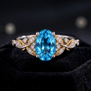 Bague ovale en topaze bleue suisse, argent sterling 925, bague de fiançailles bicolore motif feuille de vigne, bijoux personnalisés en pierres précieuses, fabricant en gros - Product Image 6