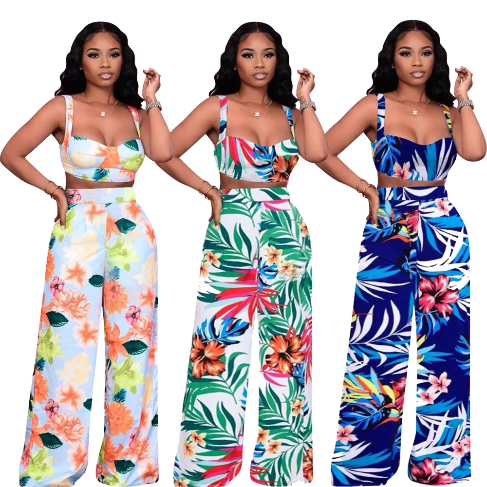 2021 Womens Boho Floral Outfits 2 Piece Tank Crop Top High Waist Wide Leg Womens Elegant Beachwear Clubwear