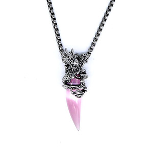 yunnique Dragon Tooth Pendant <b>Necklace</b> Stainless Steel <b>Pink</b> Gemstone Unisex Jewelry Animal Zodiac Design - Product Image 1