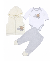 Set Romper Bayi 3 Potong, Vest Berkerudung Fleece, Bodysuit Lengan Panjang, Celana Abu-abu, Bordir Beruang Awan, Pakaian Bayi Anak-anak