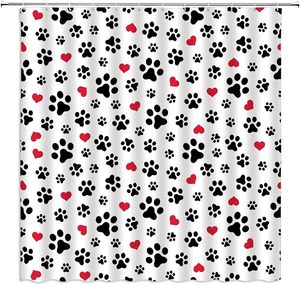 Cortina de ducha con estampado de pata de perro, amantes de las mascotas, lindo gatito, gato, huella, corazón de amor rojo, baño abstracto, decoración del hogar personalizada en Stock - Product Image 1