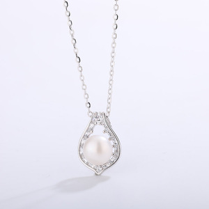 Elegant Teardrop Hollow CZ Large Freshwater Pearl Pendant Necklace <b>Silver</b> Plated Copper Jewelry Flame Shape <b>Choker</b> Women Bridal - Product Image 2