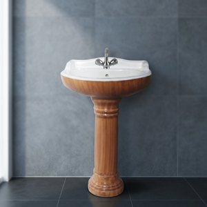 Ceramic Sanitary Wooden Color Luxury Bathroom Designer Round Bowl Big Sterling Pedestal Wash Basin, Wooden Pedestal Sink Price - Product Image 5