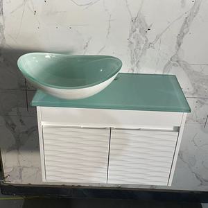 Mueble de Baño Esquinero <span class=keywords><strong>Pequeño</strong></span> para Hotel, Moderno, de Pared, Ecológico, Duradero, Impermeable, de PVC con Lavabo de Vidrio - Product Image 4