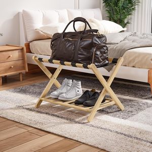 Bamboo Luggage Rack Double Layer Foldable <b>Storage</b> For Shoes And <b>Suitcases</b> Hotel Use - Product Image 2