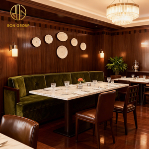 Table carrée vintage américaine en pierre frittée, chaise de café en cuir, banquette en velours avec structure en bois, mobilier de restaurant - Product Image 2