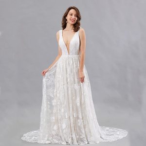 White A-Line Chiffon Embroidery Bridal Gown V-Neck Empire Waist Wedding Dress - Product Image 1
