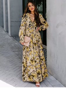 Nuovo Stile 2026: Abito Lungo Floreale con Scollo a V Profondo e Funzione Snellente in Vita, Maniche Lunghe, Elegante Set di Abiti da Donna - Product Image 2