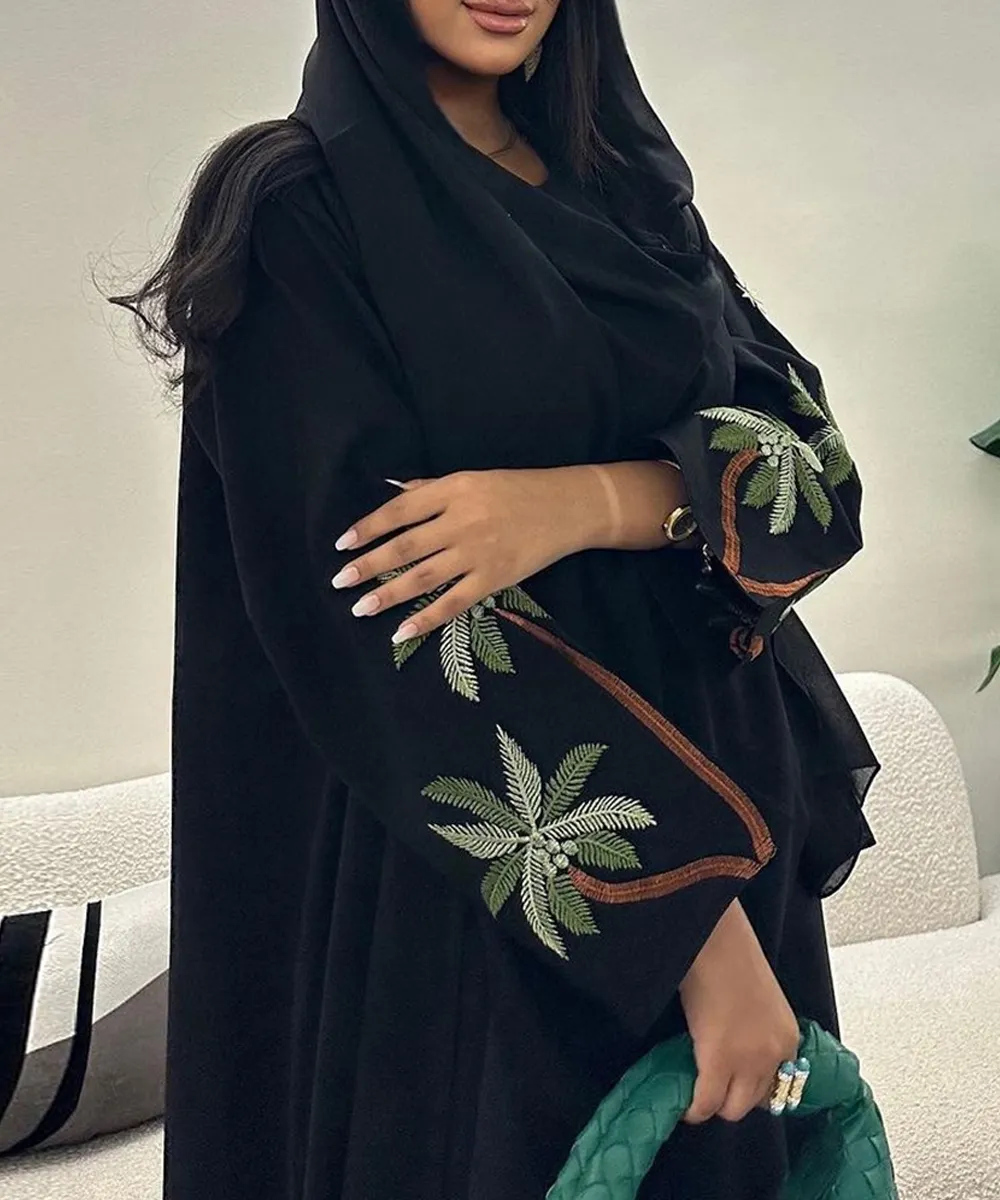 Pabrik hitam kasual terbuka Kimono Abaya untuk Muslim wanita Shalwar Kameez Jalabiya bordir lengan panjang Afrika Maroko jubah