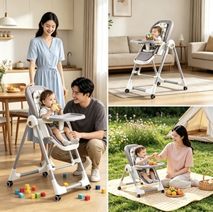 Chaise haute bébé pliable et réglable, vérifiée, avec coussin imprimé, plateau amovible et roues verrouillables pour l'alimentation des tout-petits - Product Image 5