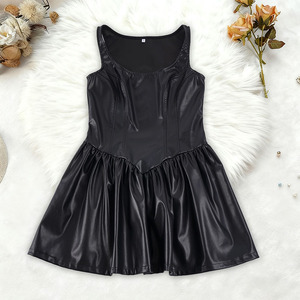 Women's Black <b>PU</b> <b>Leather</b> Sleeveless Mini Dress A-Line Flared <b>Skirt</b> Slim Fit Club Party Gothic Streetwear Outfit - Product Image 6