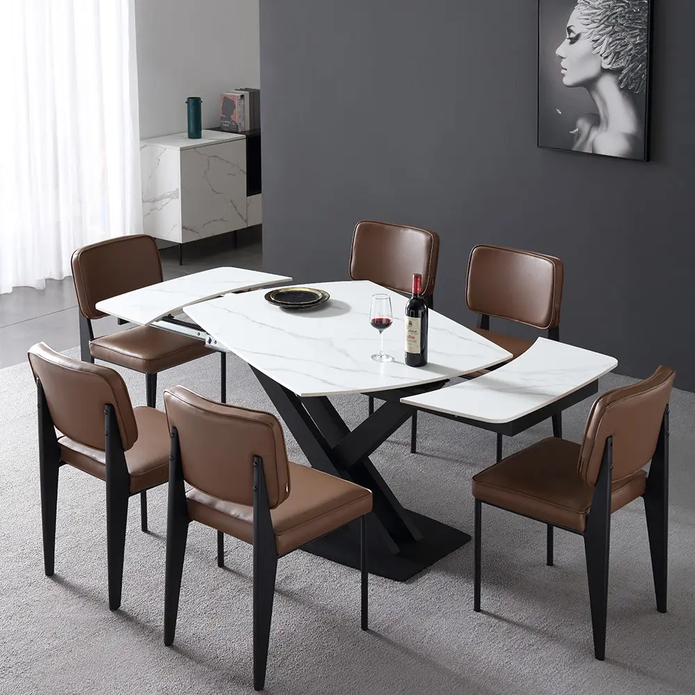 Set Meja Makan dan Kursi Marmer Nordic Modern, 4 Tempat Duduk 6 Kursi, Set Ruang Makan Putar Persegi, Furnitur Meja Makan