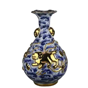 Антикварная сине-белая скульптура юаней, Золотой Лев, Нефритовый горшок, фарфоровая Весенняя бутылка, ваза
