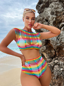 Traje de malla de colores sexy para mujer, traje ajustado de red de pesca, conjunto de dos piezas tentador y apasionado - Product Image 3
