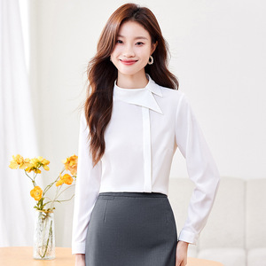 Women's Blue Long Sleeve Shirt Asymmetric Collar Work Uniform Top Solid Color Poplin Fabric - Product Image 4